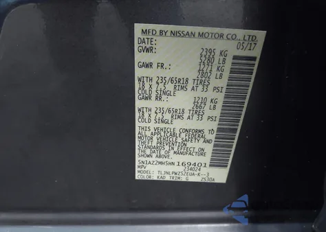 2017 Nissan Murano S z USA, uszkodzony, nr VIN 5N1AZ2MH5HN169401